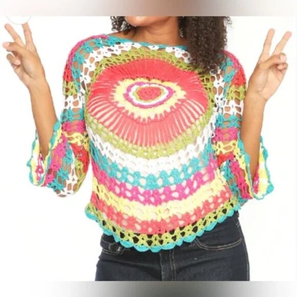 Ancestry Fashions 100% COTTON OPEN-KNIT COLORFUL CROCHET Sweater Size L - Picture 1 of 4
